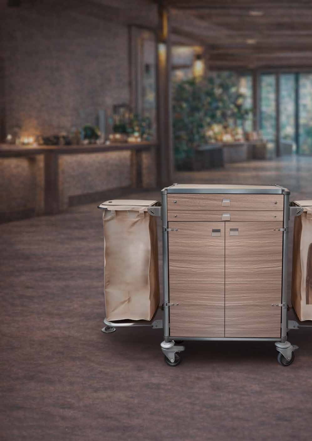 Storn housekeeping cart in a warm hotel setting