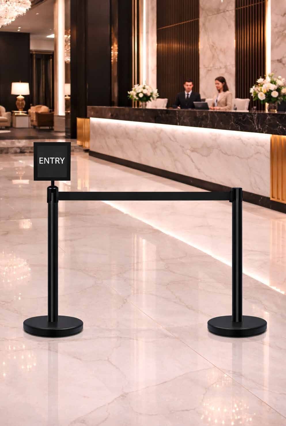 Storn queue poles in a hotel lobby